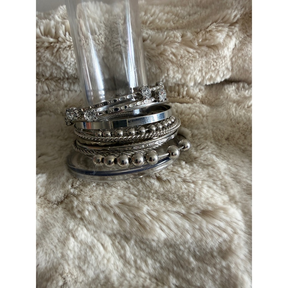 Silver Tone Stackable Bangle Bracelet Set Rhinestone Beaded Twisted Rope 10pc - Picture 4 of 5